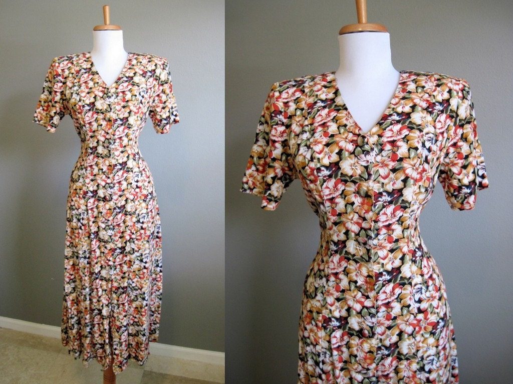 Vintage Floral Dress Grunge Granny Brown Maxi 1990s Small Medium