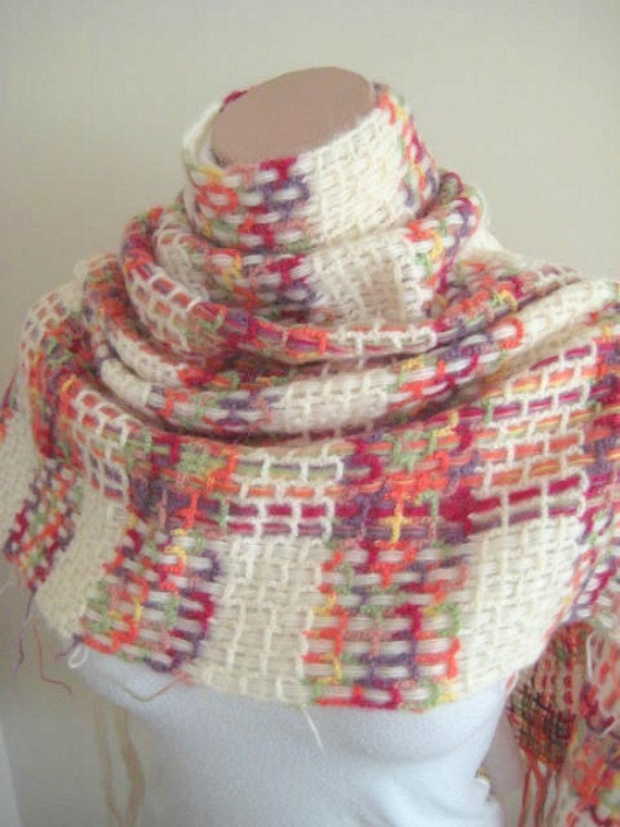 Wrap Ivory Shawl - Orange Yellow Red Green Pink Purple Threads Warm Scarf Cowl- GIFT for Her - Ready for Shipping