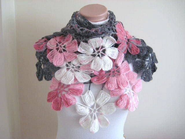 Gray Pink Shawl - Pink, White and Gray Flower Triangle Shawl - Gift for Her