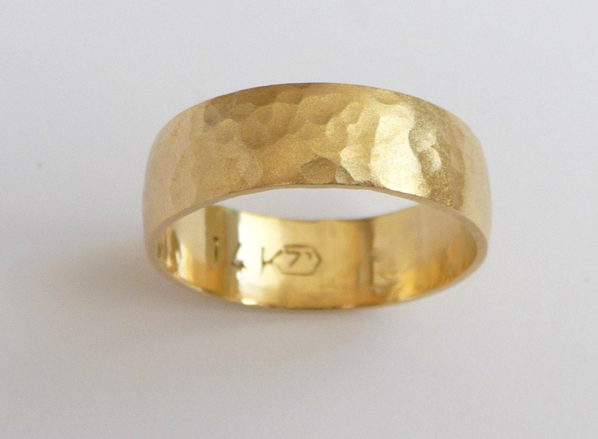 Men's Wedding band 14k gold Wedding ring hammered sandblast finish yellow gold ring 6mm wide