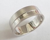 White gold wedding band men wedding ring 14k gold ring with sandblast finish and off centered stripe