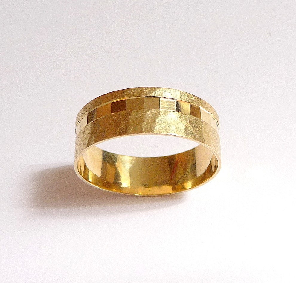 Gold wedding ring mens wedding band and womens ring hammered sandblast finish and off centered cubes