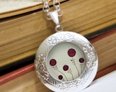 Red Blossoms Locket Necklace - Silver Locket - Wearable Art with Silver Chain