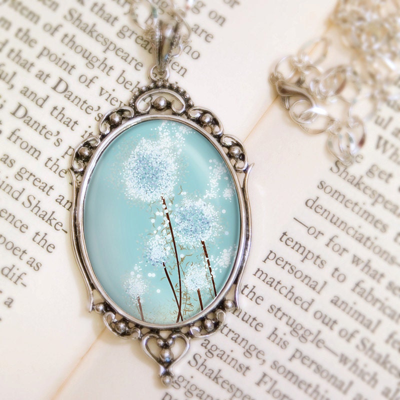 Dandelion Necklace - Silver Pendant - Perennial Moment (aqua blue) - Wearable Art with Silver Chain