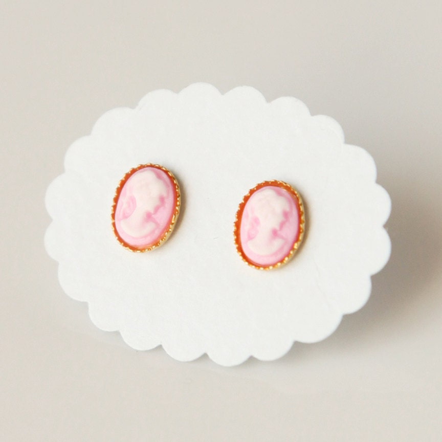Cameo Post Earring, Teeny Tiny Pink Cameo, Gold Setting, Handmade