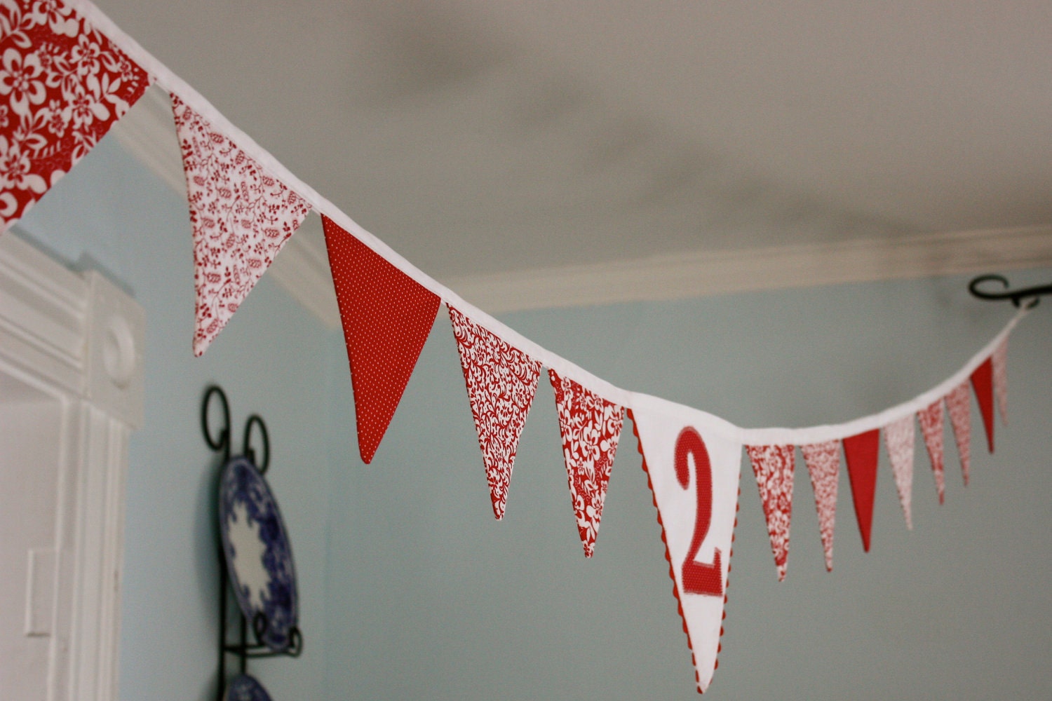 Personalized Fabric Flag Bunting with Applique Number/Letter (red and white) Banner Decoration