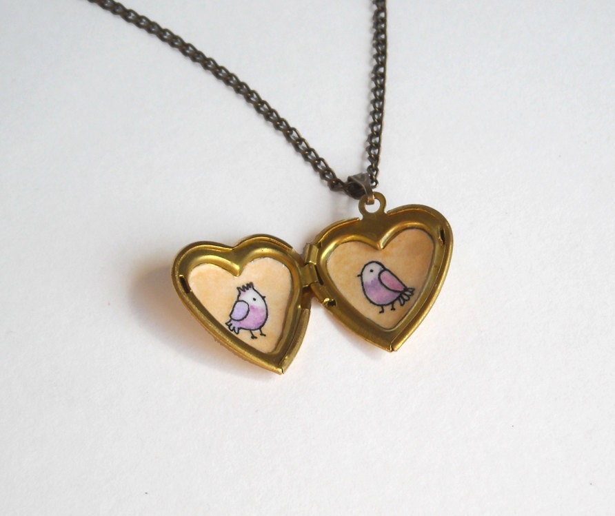 Bird Locket - Heart Locket with Birds - Gold Vintage Brass Locket Necklace - Purple Birds in Love - Wearable Art