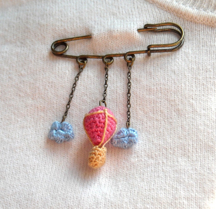 Crochet Brooch - Hot Air Balloon and Clouds Safety Pin Brooch - Hot Air Balloon Brooch