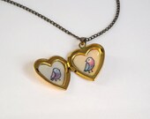Birds Heart Locket Necklace - Locket Pendant with Birds - Vintage Golden Brass Pendant with Original Illustrations