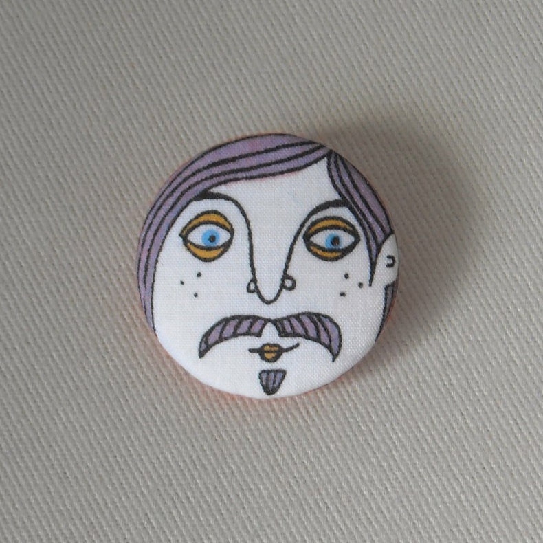 Mustache Man Fabric Brooch -  Handmade Pinback Button with Screen Printed Illustration