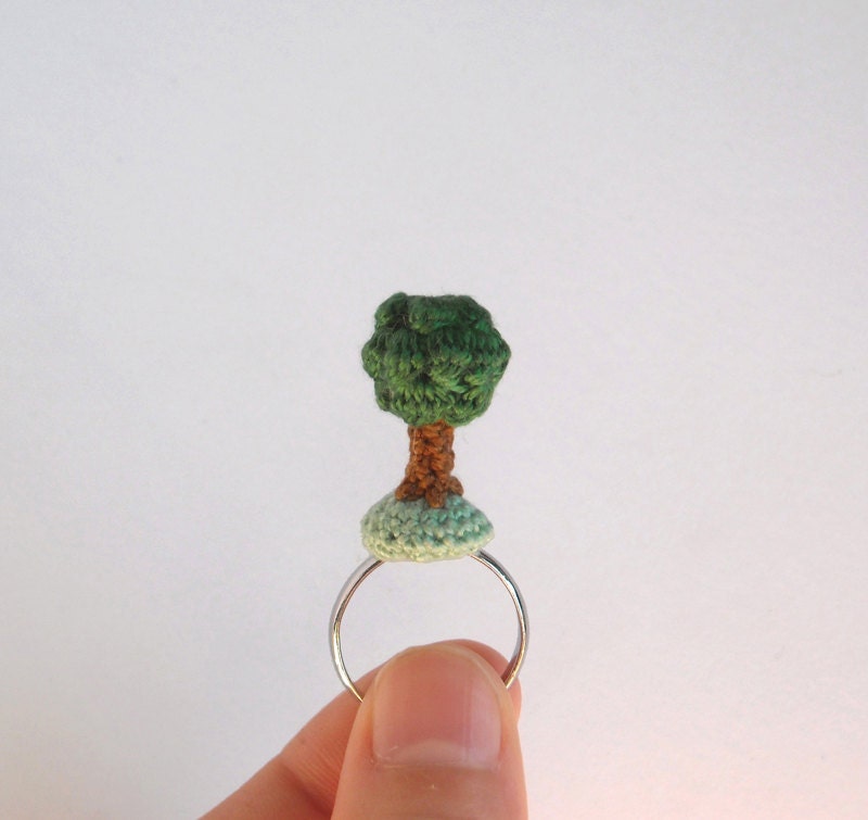 Crochet Tree Ring - Eco Friendly Statement Ring - Amigurumi Tree Adjustable Ring - Nature Inspired Jewelry