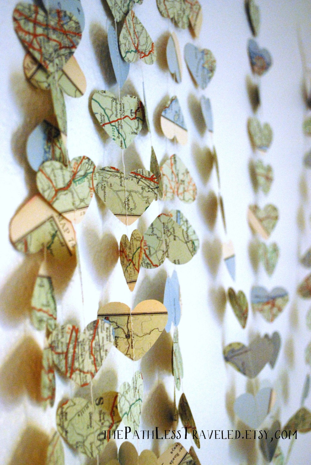 Vintage Map Hearts Garland  - 10-feet long