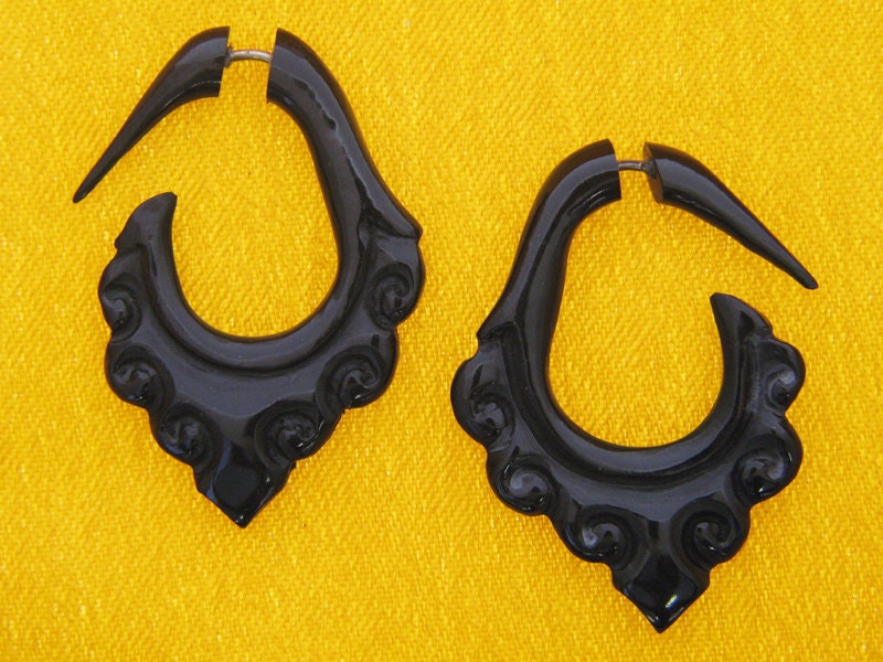 SALE - Fake Gauges - Shanti Hoops - Black Horn Earrings