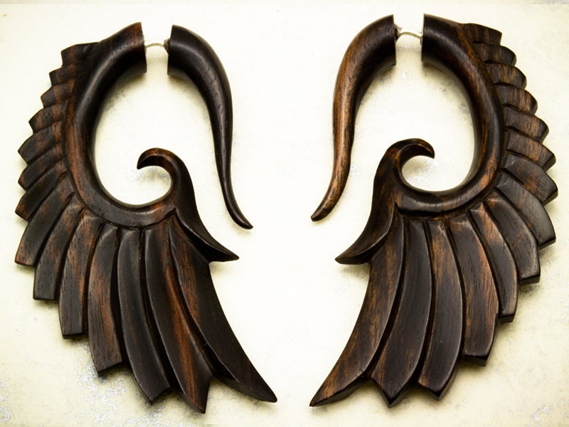Fake Gauges - Nava Wings Black Wood Earrings