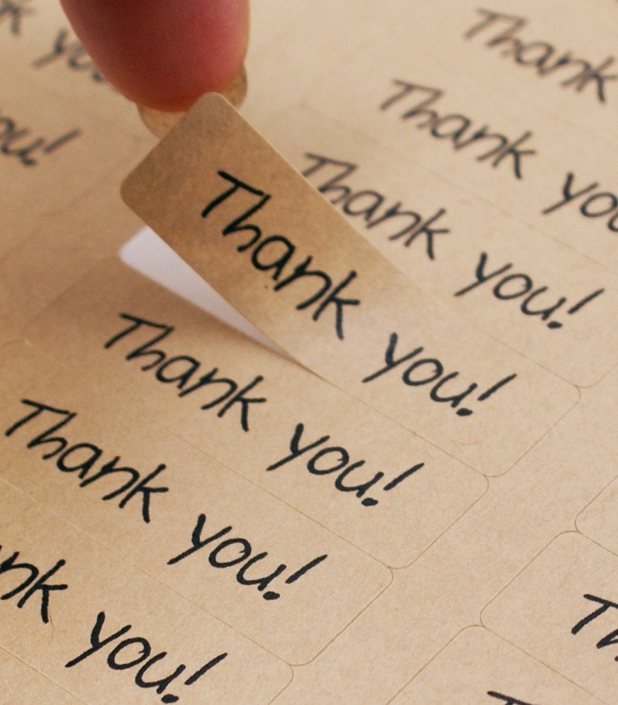 80 Childs Play Handwriting Font THANK YOU Rectangle Brown Kraft Sticker Labels Seals 1/2 x 1 3/4 inch - Free Shipping