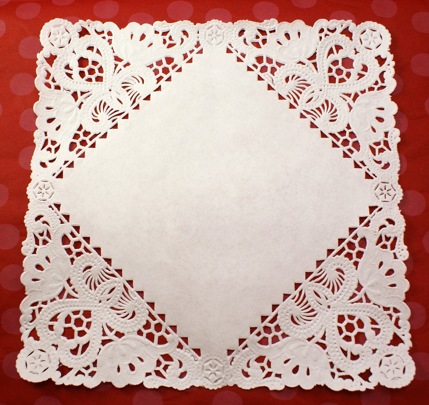 Set of 95 Fancy 8 inch square French Lace paper doilies for decorating, food display, plates, gift baskets
