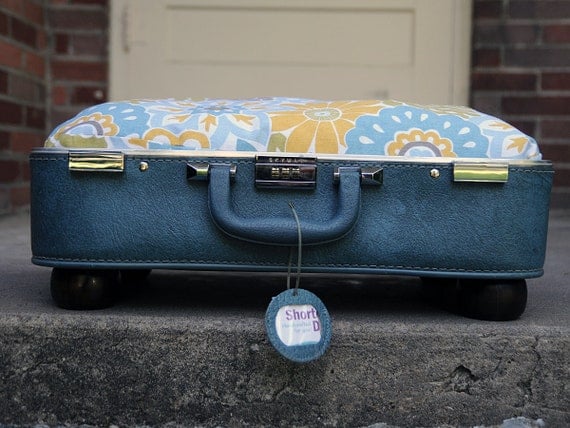 SALE - Vintage Suitcase Pet Bed - Light Blue with Green Yellow Retro Floral Print Custom Cushion - Cats and Small Dogs