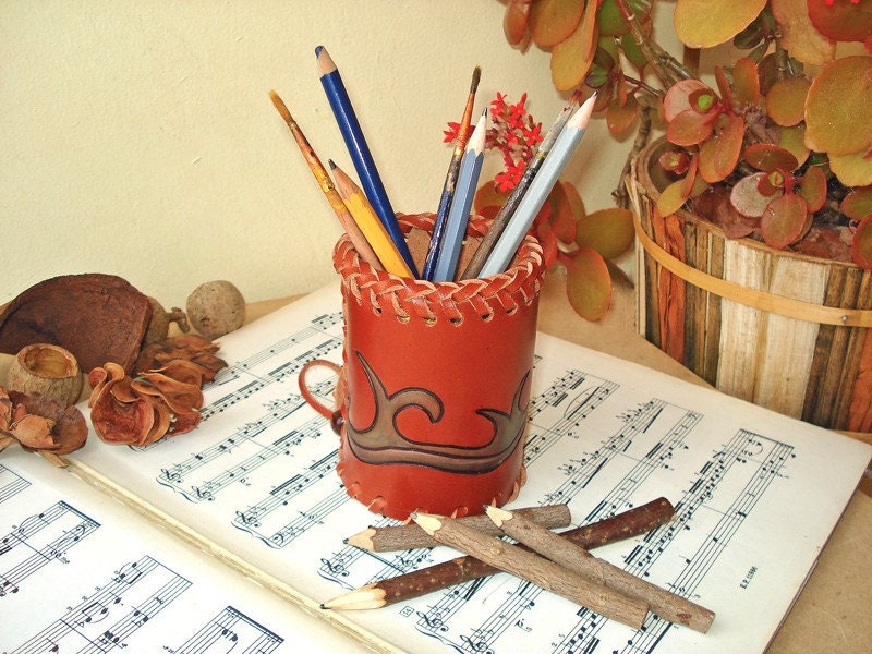 Leather Pen Cup "Ocean" - MadeOfLeather