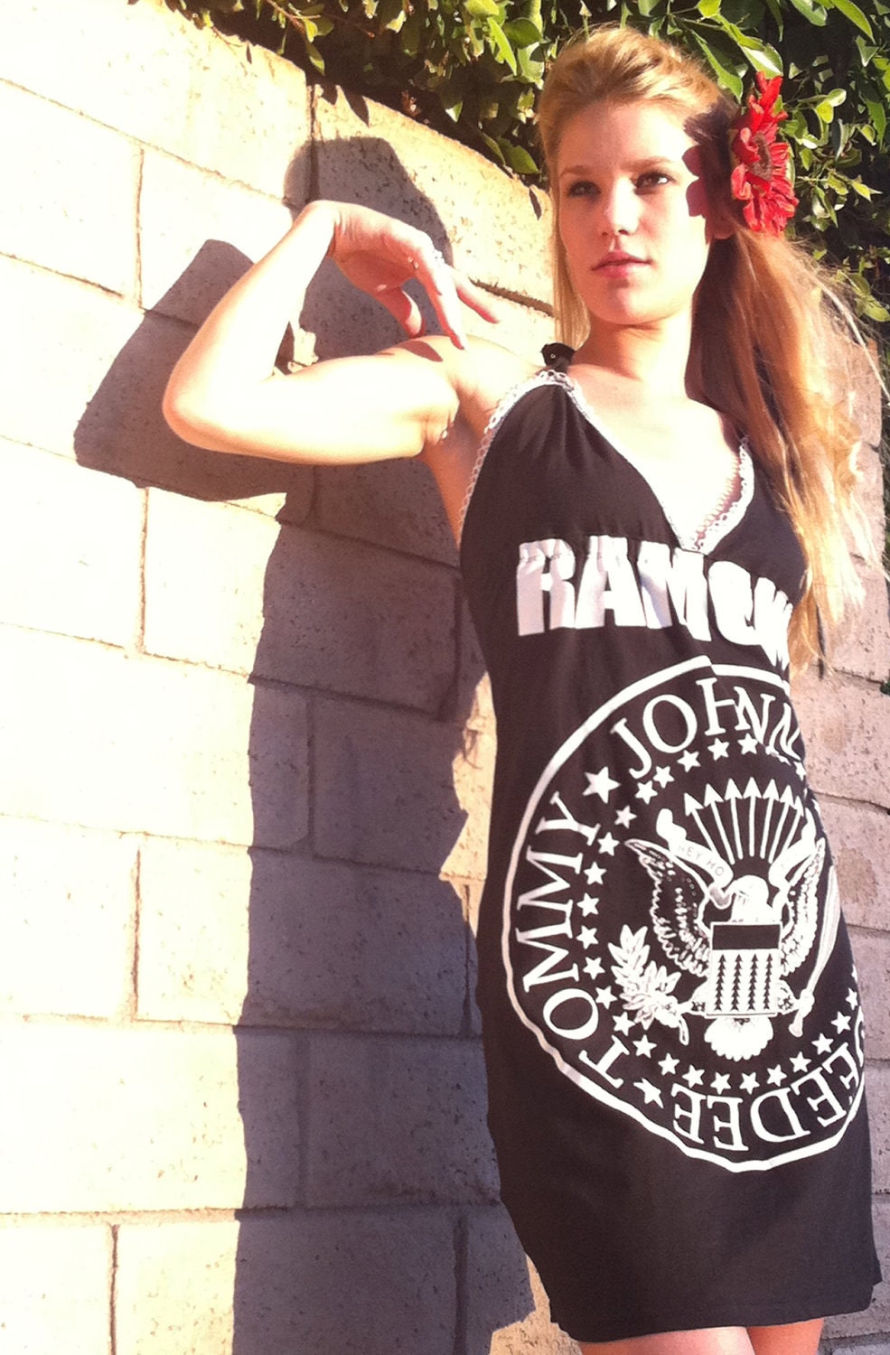 Ramones Frilly White Lace Classic Black Stretch Halter Dress