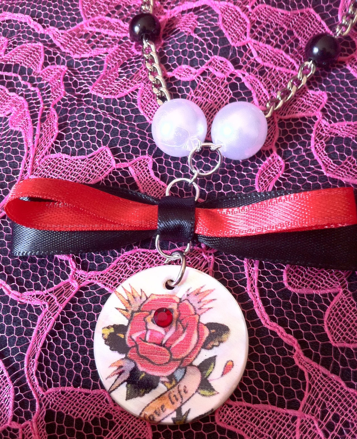 Tattoo Rose Pearl Chain Cameo Necklace