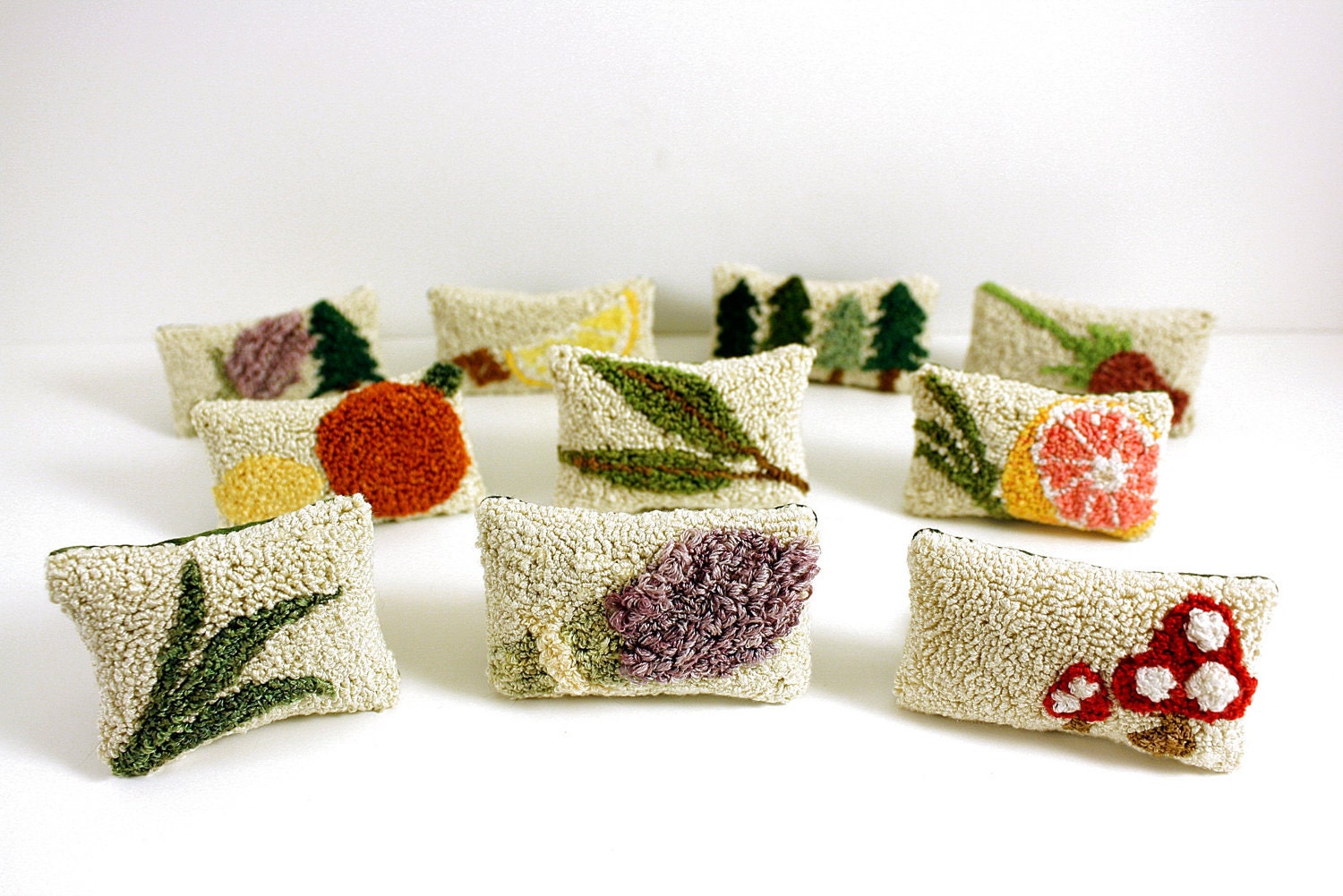 Stocking Stuffer. Miniature Sachets Gift Set. 10 Punchneedle Aromatherapy Gift For Her. Lavender, Balsam Fir, Lemon Grass, Citrus.