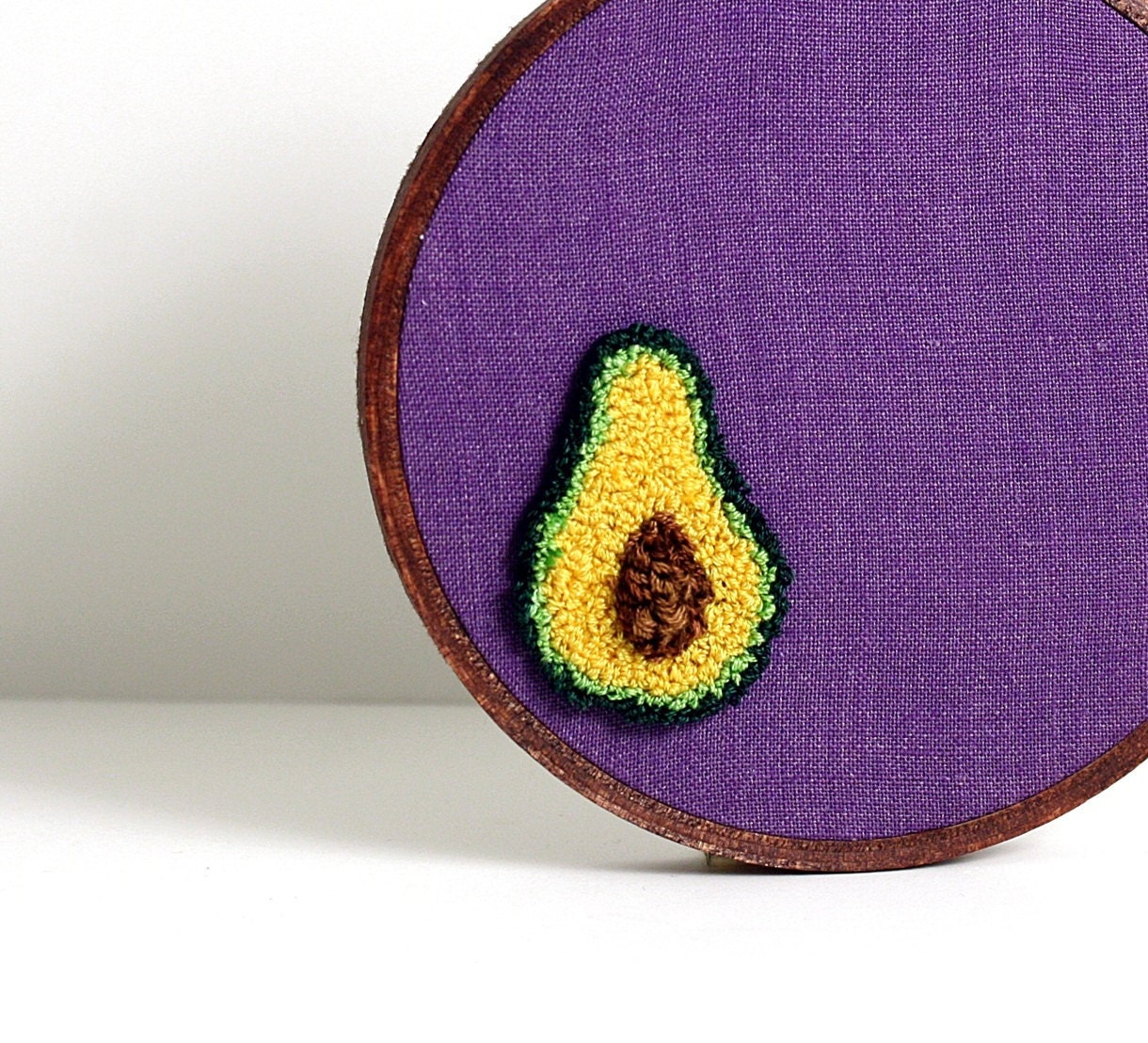 Avocado Embroidery Hoop Wall Art. Punch Needle Eco Friendly Home or Kitchen Decor. Purple, Green, Brown. Gift for Foodie