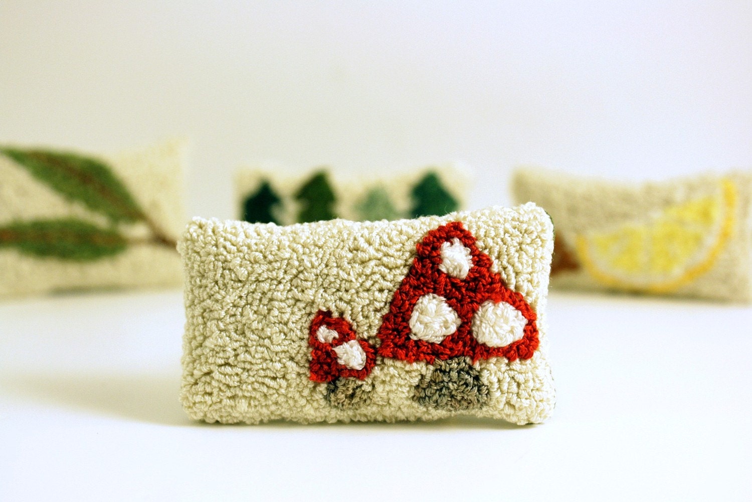Miniature Sachet - Toadstool. Lavender, Maine Balsam Fir, Eucalyptus. Red, White, Cream. Punch Needle Embroidery.