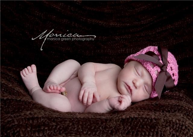 baby girl's crochet hat with ribbon pink and brown