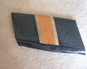 Black Leather Clutch Purse Angular  Envelope Lizard Snake Inlay Black Brown Vintage 80s