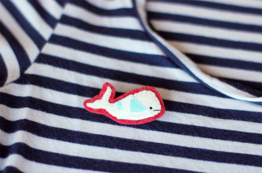 Whale Brooch, Animal Brooch, Felt Pin - Cousteau - Cute Nautical Accessories - White Whale