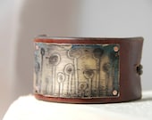 Brass Etched Bracelet With Geometric Garden Patina on Upcycled Leather Made To Order