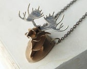Moose Antlers Necklace 3D Rustic Fashion Brass Metalwork With Oxidized Finish Wearable Art Made To Order