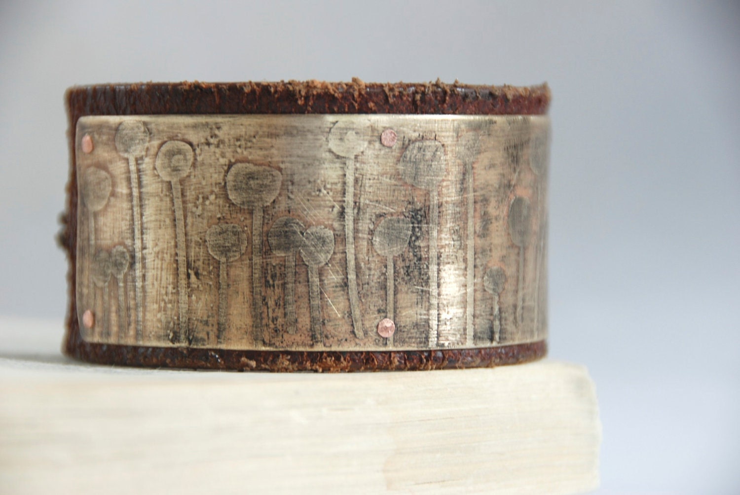 Geometric Flower Bracelet Brass Etched And Leather Cuff Made To Order