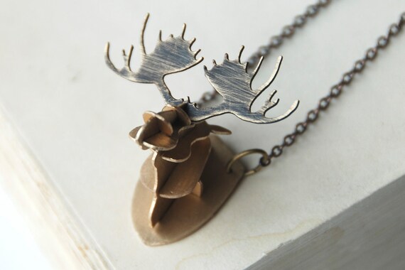 Moose Antlers Necklace 3D Rustic Fashion Brass Metalwork With Oxidized Finish Wearable Art Made To Order