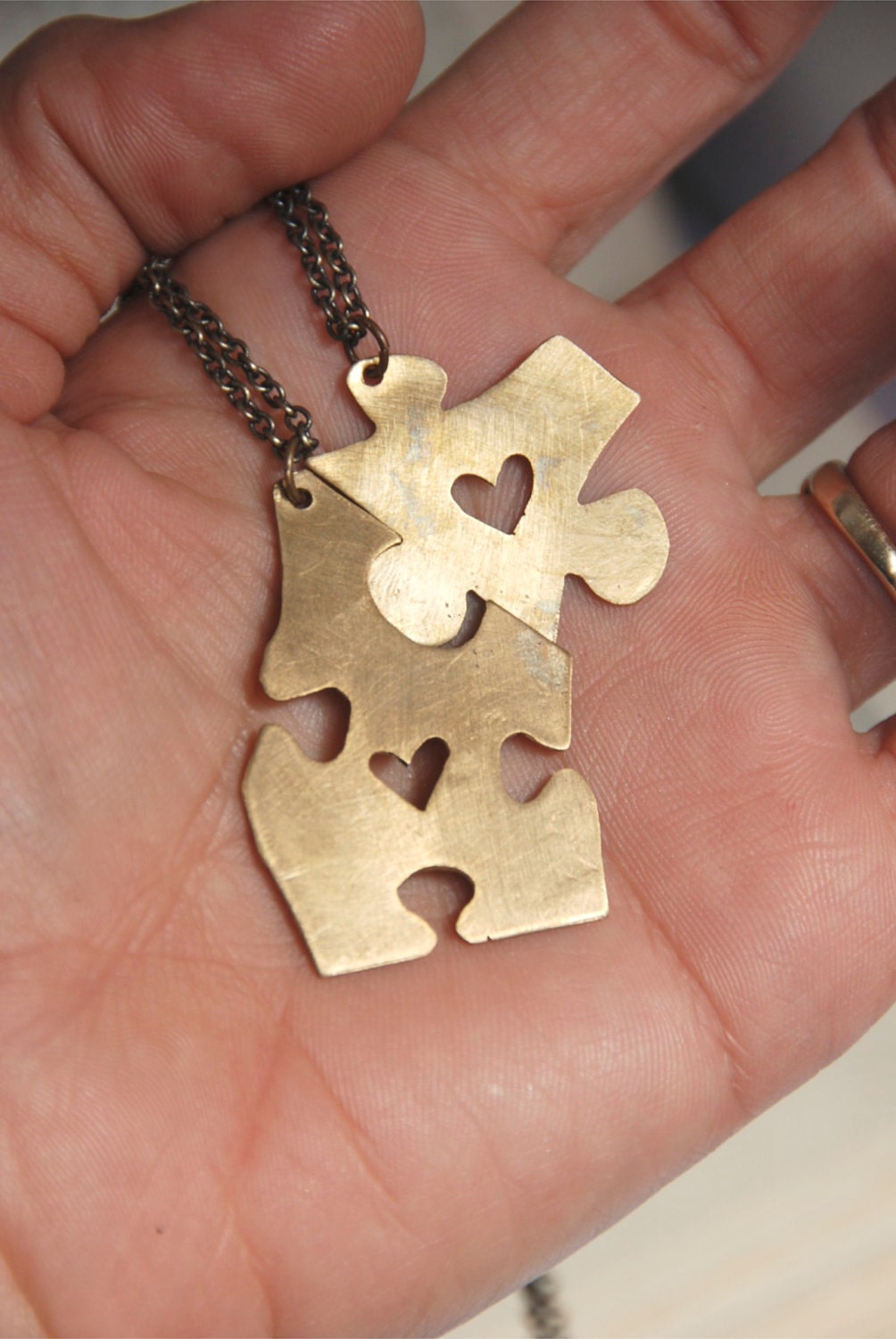 Puzzle Piece Necklace With Heart Cut Out Brass Set of Two Best Friends Gift Idea Made To  Order