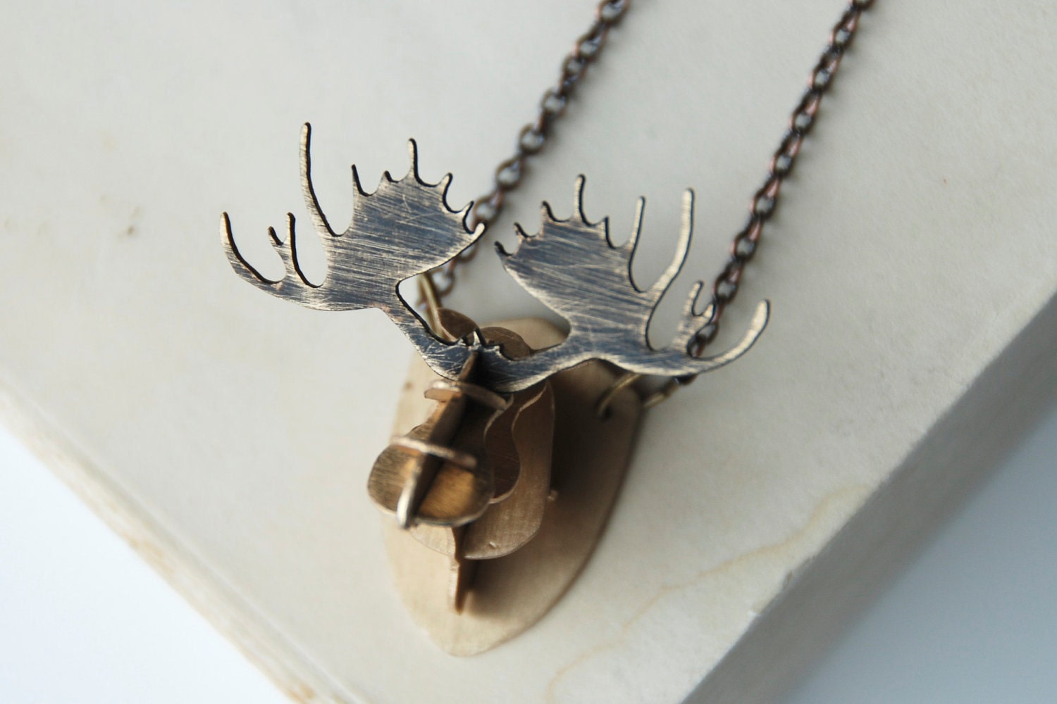 Moose Antlers Necklace 3D Rustic Fashion Brass Metalwork With Oxidized Finish Wearable Art Made To Order