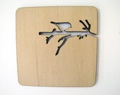 Laser cut wood coasters. Branch with bird and squirrel.