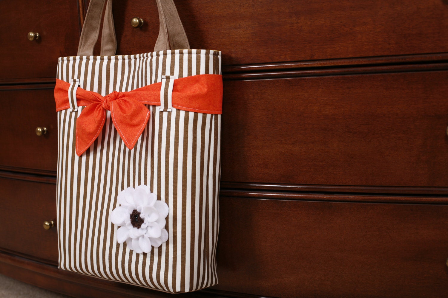 Flower tote bag brown,orange and white, Sunflower tote, Handmade tote