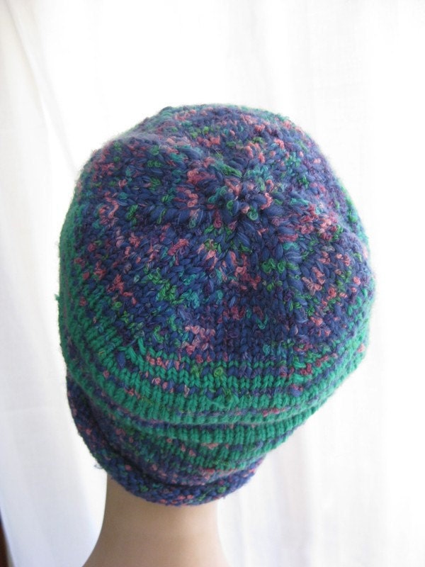 Knitted Beanie in Recycled Yarn in Blue and Green Stripes with Rolled Brim