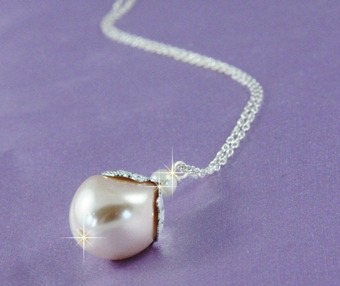 Large Pink Freshwater Pearl Silver Pendant on Sterling Silver chain - Free shipping