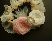 Pink Ivory Rose Lace Garter Something Blue Bride Bridal Silk Bud Wedding Flower Rhinestone Jewel Pearl Cream Baby Blush Cherry Blossom Royal