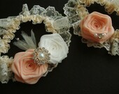 Peach Ivory Rose Lace Garter SET Something Blue Bride Bridal Silk Wedding Flower Milk Cream Pearl Jewel Salmon Coral Pink Teal Navy Royal