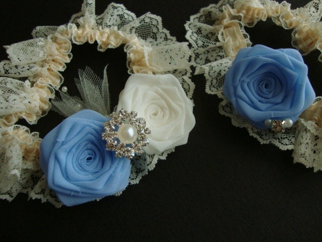 Light Blue Ivory Rose Lace Garter SET Something Bride Bridal Silk Wedding Flower Milk Cream Pearl Jewel Aqua Turquoise Navy Sky Teal Royal