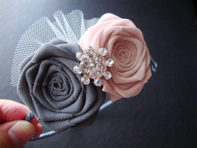 Gray Cherry Blossom Rose Headband Hair Comb Clip Bride Bridal Silk Wedding Rehearsal Dinner Shower Flower Dove Silver Pewter Pink Blush