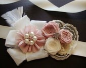 Cherry Blossom Ivory Rose Corsage Sash Bride Bridal Silk Bud Headband Wedding Shower Rehearsal Dinner Jewel Invitation Flower Pink Blush