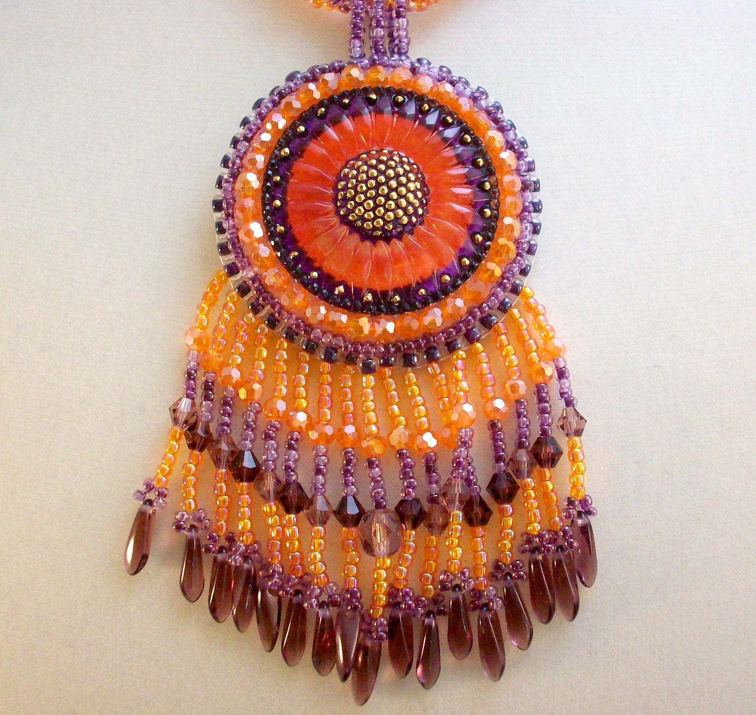 Purple Orange Sunflower Beadwoven Pendant Necklace with Fringe