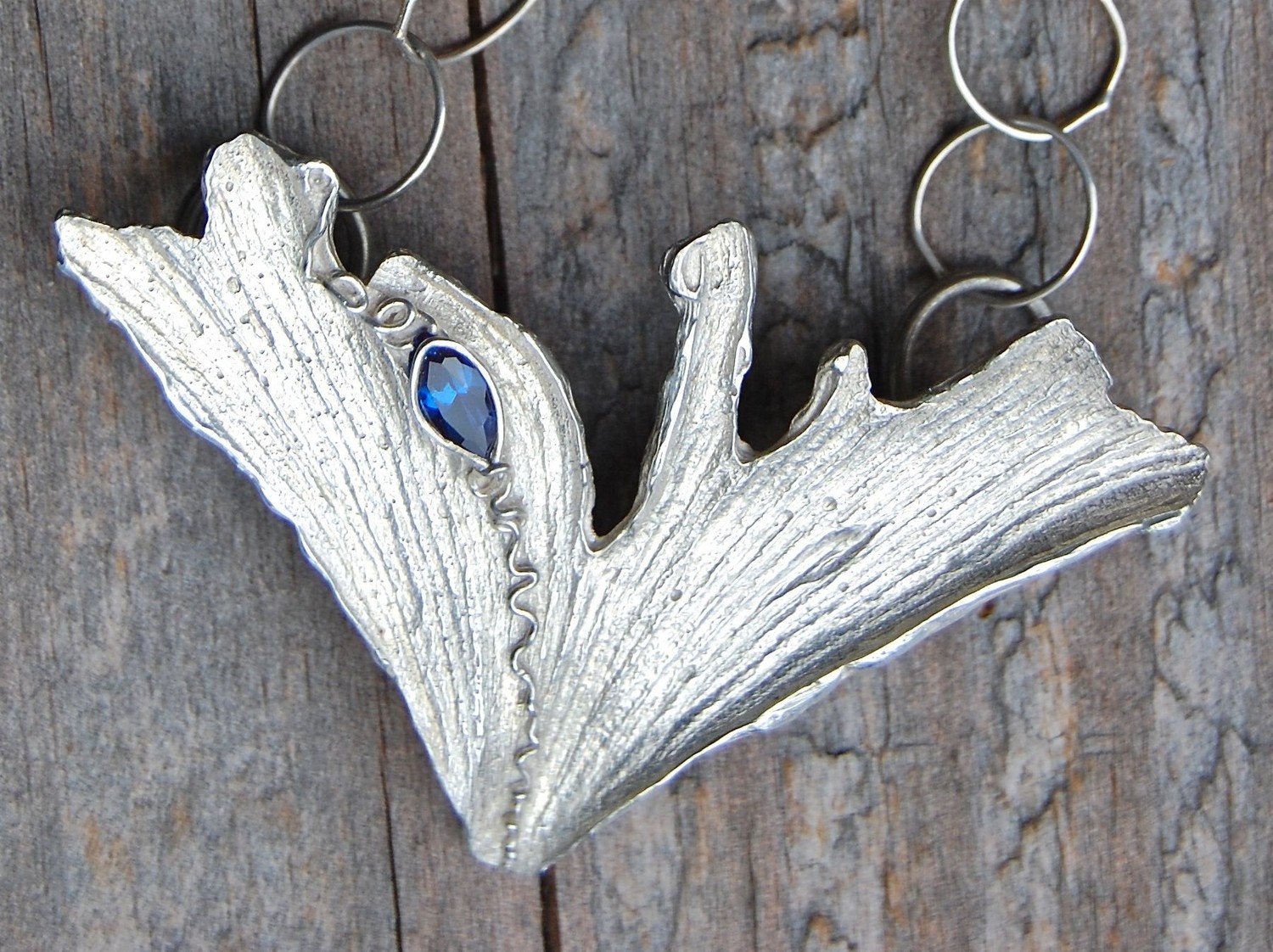 silver necklace, pisces birthday, eco friendly, seaweed necklace, silver vegetable with blue stone, made in america