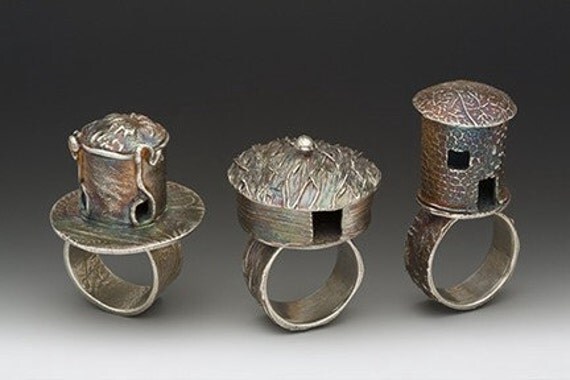 silver yurt ring, castle ring, novelty ring, eco friendly ring, cocktail ring,  hut, house, made in america