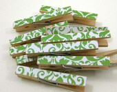 Clothespins.  Set of Ten. Green Damask