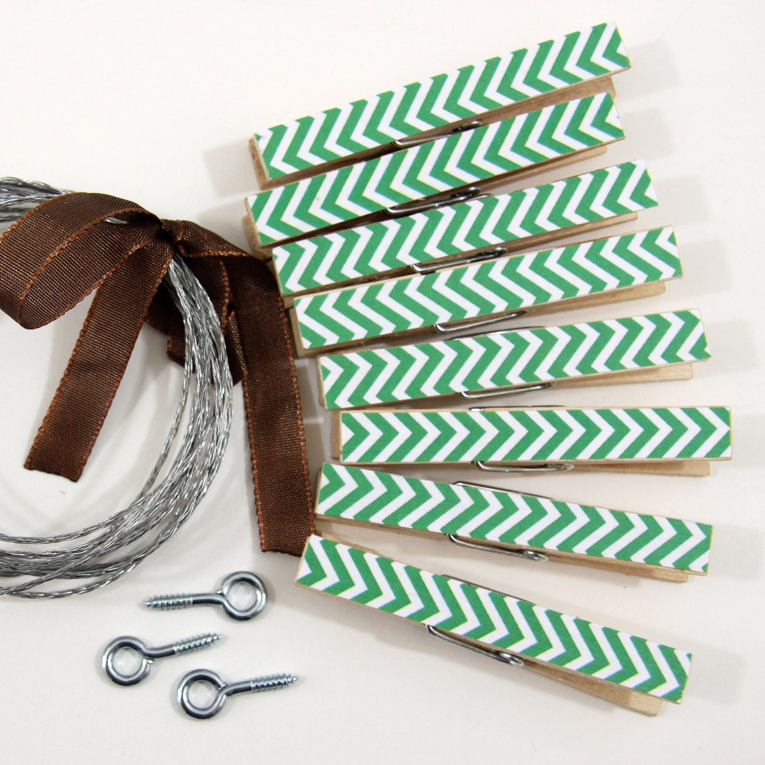 Clothesline Kit. Kelly Green Chevron Clothespins and Hanging Wire